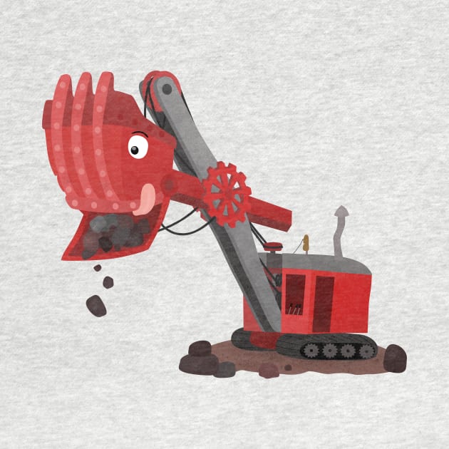 Cute red steam shovel digger cartoon illustration by FrogFactory